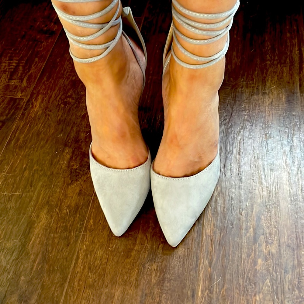 Gray suede Public Desire strappy tie up heels. Never been worn.  No box